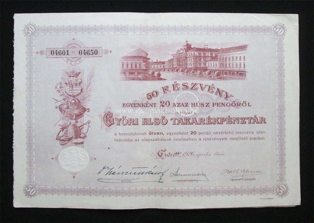 Győri Első Takarékpénztár részvény 50x20 pengő 1926
